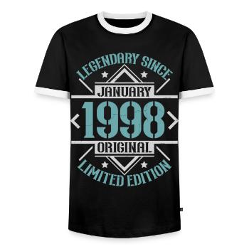 Legendary since January 1998 limited edition - Men's Ringer Shirt - black/white - Front - AI Model Female 172 light (172cm) & AI Model Male 178 light (178cm)