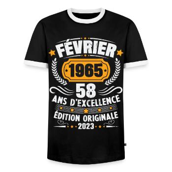 Cadeau D'anniversaire 58 Ans Février 1965 Vintage - T-shirt contrasté Homme - noir/blanc - Devant - AI Model Female 172 light (172cm) & AI Model Male 178 light (178cm)