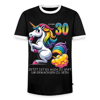 30. Geburtstag Einhorn–Humorvolles Erwachsenwerden - Männer Kontrast-T-Shirt - Schwarz/Weiß - Vorne - AI Model Female 172 light (172cm) & AI Model Male 178 light (178cm)