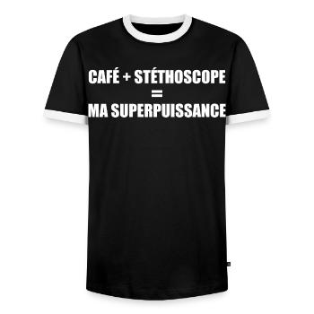 Café et stéthoscope = ma superpuissance - T-shirt contrasté Homme - noir/blanc - Devant - AI Model Female 172 light (172cm) & AI Model Male 178 light (178cm)
