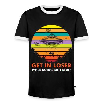 Ufo Alien Aliens Alien Planet Gift - Men's Ringer Shirt - black/white - Front - AI Model Female 172 light (172cm) & AI Model Male 178 light (178cm)