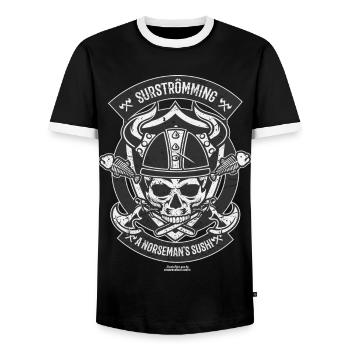 Surströmming T Shirt Norseman's Sushi - Men's Ringer Shirt - black/white - Front - AI Model Female 172 light (172cm) & AI Model Male 178 light (178cm)