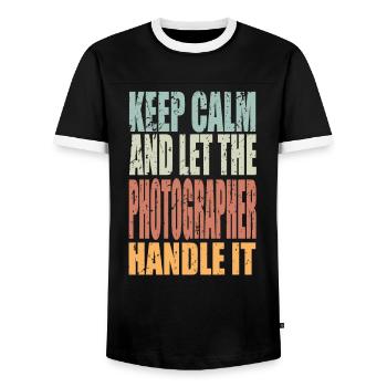 Keep Calm Photographer Saying Fotgraf Gift - Men's Ringer Shirt - black/white - Front - AI Model Female 172 light (172cm) & AI Model Male 178 light (178cm)