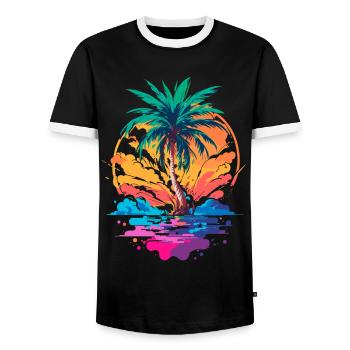 Palm tree in front of sunset | Tropical Paradise - Men's Ringer Shirt - black/white - Front - AI Model Female 172 light (172cm) & AI Model Male 178 light (178cm)