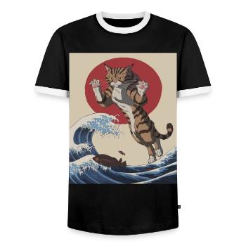 Cat Wave Art – Japanese Inspired Illustration - Men's Ringer Shirt - black/white - Front - AI Model Female 172 light (172cm) & AI Model Male 178 light (178cm)