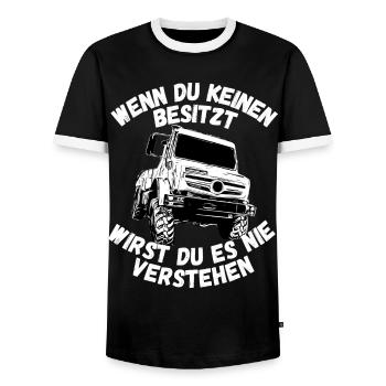 Unimog , Nutzfahrzeug, Lkw, Unimog 406, Traktor - Männer Kontrast-T-Shirt - Schwarz/Weiß - Vorne - AI Model Female 172 light (172cm) & AI Model Male 178 light (178cm)