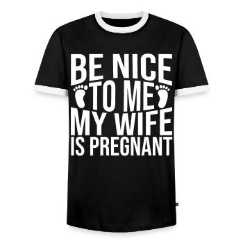 Sei nett zu mir meine Frau ist schwanger - Männer Kontrast-T-Shirt - Schwarz/Weiß - Vorne - AI Model Female 172 light (172cm) & AI Model Male 178 light (178cm)