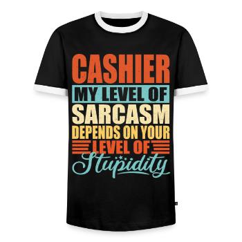 Kassierer sarkasmus Lustige Kassiererin - Männer Kontrast-T-Shirt - Schwarz/Weiß - Vorne - AI Model Female 172 light (172cm) & AI Model Male 178 light (178cm)