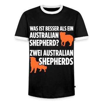 Was ist besser als ein Australian Shepherd? Zwei - Männer Kontrast-T-Shirt - Schwarz/Weiß - Vorne - AI Model Female 172 light (172cm) & AI Model Male 178 light (178cm)
