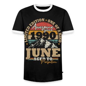 June 1990 Vintage Birthday Gift 33 Years - Men's Ringer Shirt - black/white - Front - AI Model Female 172 light (172cm) & AI Model Male 178 light (178cm)