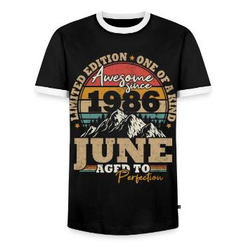 June 1986 Vintage Birthday Gift 37 Years - Men's Ringer Shirt - black/white - Front - AI Model Female 172 light (172cm) & AI Model Male 178 light (178cm)