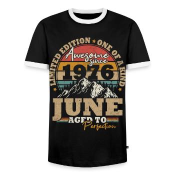 June 1976 Vintage Birthday Gift 47 Years - Men's Ringer Shirt - black/white - Front - AI Model Female 172 light (172cm) & AI Model Male 178 light (178cm)