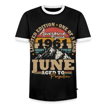 June 1961 Vintage Birthday Gift 62 Years - Men's Ringer Shirt - black/white - Front - AI Model Female 172 light (172cm) & AI Model Male 178 light (178cm)