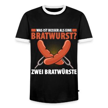 Was ist besser als eine Bratwurst? Zwei Bratwürste - Männer Kontrast-T-Shirt - Schwarz/Weiß - Vorne - AI Model Female 172 light (172cm) & AI Model Male 178 light (178cm)