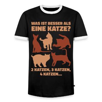 Was ist besser als eine Katze? 2 Katzen, 3 Katzen, - Männer Kontrast-T-Shirt - Schwarz/Weiß - Vorne - AI Model Female 172 light (172cm) & AI Model Male 178 light (178cm)