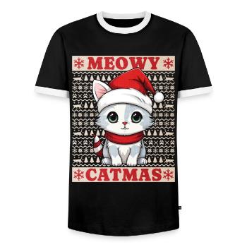 Cat Christmas Merry Meowy Catmas Ugly Cute - Men's Ringer Shirt - black/white - Front - AI Model Female 172 light (172cm) & AI Model Male 178 light (178cm)