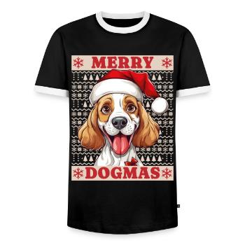 Dog Christmas Ugly Merry Dogmas Santa Hat - Men's Ringer Shirt - black/white - Front - AI Model Female 172 light (172cm) & AI Model Male 178 light (178cm)