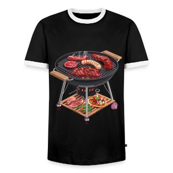 Barbecue enjoyment in 2D: Sizzling Barbecue Delicatessen - Men's Ringer Shirt - black/white - Front - AI Model Female 172 light (172cm) & AI Model Male 178 light (178cm)