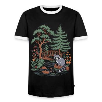 Cottagecore Waldlandschaft mit Waschbär und Brücke - Männer Kontrast-T-Shirt - Schwarz/Weiß - Vorne - AI Model Female 172 light (172cm) & AI Model Male 178 light (178cm)