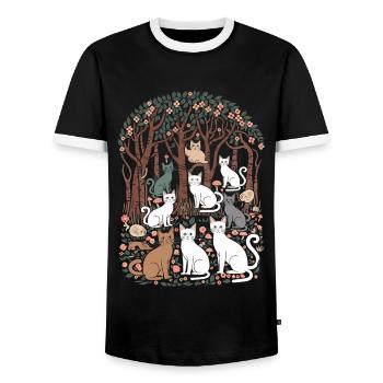 Cat paradise in the cottagecore forest idyll - Men's Ringer Shirt - black/white - Front - AI Model Female 172 light (172cm) & AI Model Male 178 light (178cm)