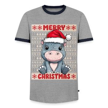 Nilpferd Ugly Christmas Weihnachten Xmas Süß - Männer Kontrast-T-Shirt - Grau/Navy  - Vorne - AI Model Female 172 light (172cm) & AI Model Male 178 light (178cm)