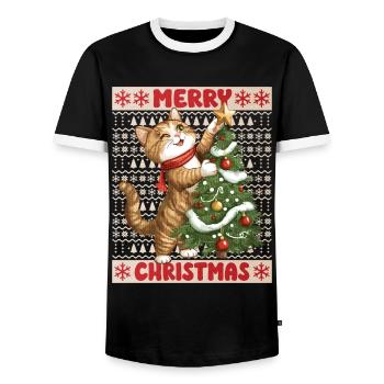 Chat Arbre de Noël Noël Noël Mignon Drôle - T-shirt contrasté Homme - noir/blanc - Devant - AI Model Female 172 light (172cm) & AI Model Male 178 light (178cm)
