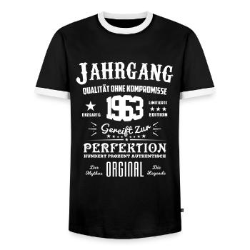 Original Jahrgang 1963 - Männer Kontrast-T-Shirt - Schwarz/Weiß - Vorne - AI Model Female 172 light (172cm) & AI Model Male 178 light (178cm)