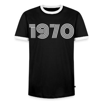 1970 - Männer Kontrast-T-Shirt - Schwarz/Weiß - Vorne - AI Model Female 172 light (172cm) & AI Model Male 178 light (178cm)