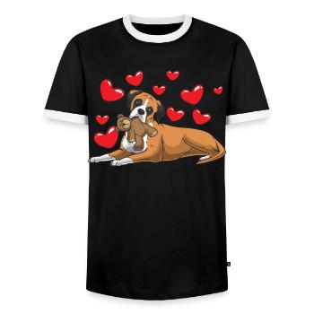 Deutscher Boxer Hund mit Kuscheltier und Herzen - Männer Kontrast-T-Shirt - Schwarz/Weiß - Vorne - AI Model Female 172 light (172cm) & AI Model Male 178 light (178cm)