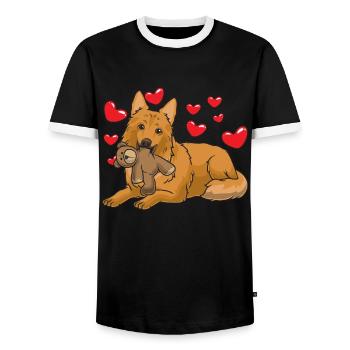 Harzer Fuchs dog with plush toy and many hearts - Men's Ringer Shirt - black/white - Front - AI Model Female 172 light (172cm) & AI Model Male 178 light (178cm)