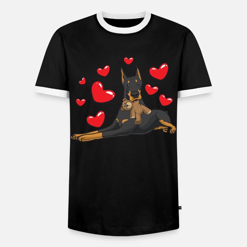 Dobermann mit Kuscheltier - Männer Kontrast-T-Shirt - Schwarz/Weiß