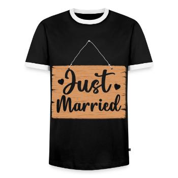 Just Married Schild - Männer Kontrast-T-Shirt - Schwarz/Weiß - Vorne - AI Model Female 172 light (172cm) & AI Model Male 178 light (178cm)