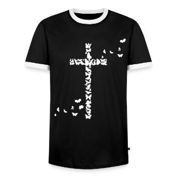 Jesus Christians Christianity Butterflies Cross - Men's Ringer Shirt - black/white - Front - AI Model Female 172 light (172cm) & AI Model Male 178 light (178cm)