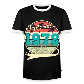September 1978 Gift idea - Men's Ringer Shirt - black/white - Front - AI Model Female 172 light (172cm) & AI Model Male 178 light (178cm)