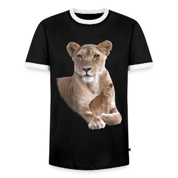 Löwen-Mama mit Baby - Raubkatze - Katze - Afrika - Männer Kontrast-T-Shirt - Schwarz/Weiß - Vorne - AI Model Female 172 light (172cm) & AI Model Male 178 light (178cm)