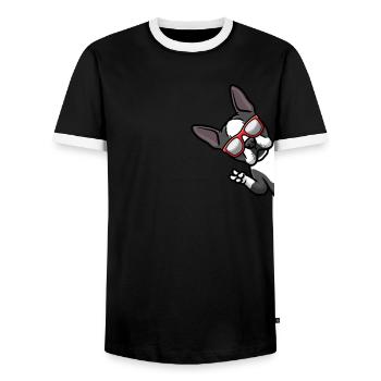 Chien Boston Terrier du côté du bouledogue de Boston - T-shirt contrasté Homme - noir/blanc - Devant - AI Model Female 172 light (172cm) & AI Model Male 178 light (178cm)