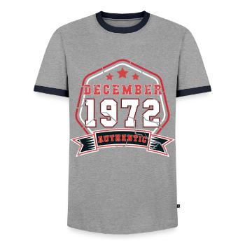 Born in December 1972 Retro - Men's Ringer Shirt - grey/navy  - Front - AI Model Female 172 light (172cm) & AI Model Male 178 light (178cm)