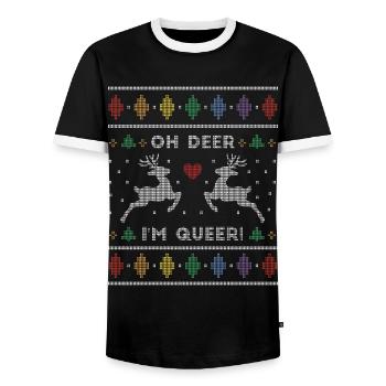 Oh Deer I'm Queer Funny Ugly Christmas Sweater - Men's Ringer Shirt - black/white - Front - AI Model Female 172 light (172cm) & AI Model Male 178 light (178cm)