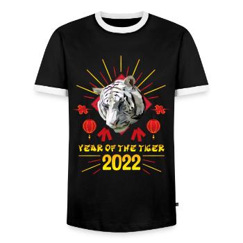 Good Luck Happy Chinese New Year of the Tiger 2022 - Men's Ringer Shirt - black/white - Front - AI Model Female 172 light (172cm) & AI Model Male 178 light (178cm)