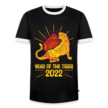Good Luck Happy Chinese New Year of the Tiger 2022 - Men's Ringer Shirt - black/white - Front - AI Model Female 172 light (172cm) & AI Model Male 178 light (178cm)