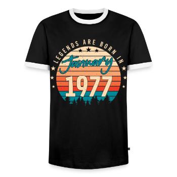 January 1977 Retro Legend - Men's Ringer Shirt - black/white - Front - AI Model Female 172 light (172cm) & AI Model Male 178 light (178cm)