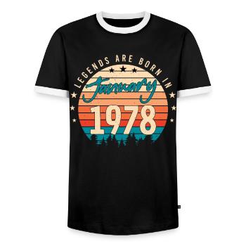 January 1978 Retro Legend - Men's Ringer Shirt - black/white - Front - AI Model Female 172 light (172cm) & AI Model Male 178 light (178cm)