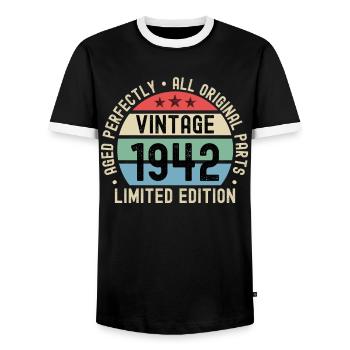 80e anniversaire 80 ans né en 1942 - T-shirt contrasté Homme - noir/blanc - Devant - AI Model Female 172 light (172cm) & AI Model Male 178 light (178cm)