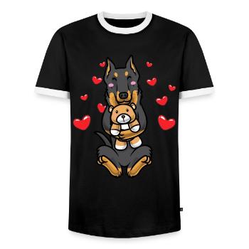 Beauceron Cuddly Toy Kawaii Dog Bas Rouge - Men's Ringer Shirt - black/white - Front - AI Model Female 172 light (172cm) & AI Model Male 178 light (178cm)