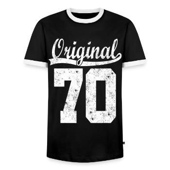 Original of 70 - Men's Ringer Shirt - black/white - Front - AI Model Female 172 light (172cm) & AI Model Male 178 light (178cm)