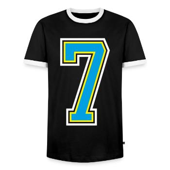 Number number 7 in blue - Men's Ringer Shirt - black/white - Front - AI Model Female 172 light (172cm) & AI Model Male 178 light (178cm)