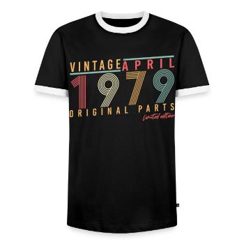 April 1979 Limitiert - Männer Kontrast-T-Shirt - Schwarz/Weiß - Vorne - AI Model Female 172 light (172cm) & AI Model Male 178 light (178cm)