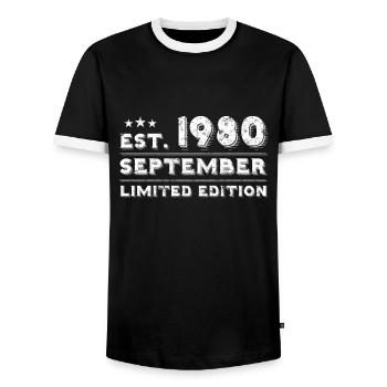 September 1980 - Birthday in September - Men's Ringer Shirt - black/white - Front - AI Model Female 172 light (172cm) & AI Model Male 178 light (178cm)