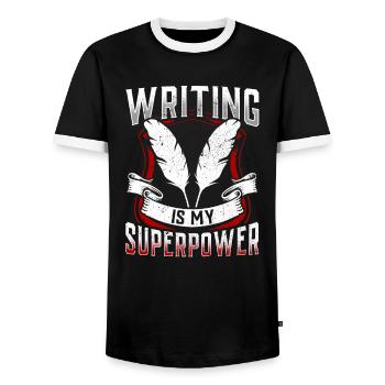 Writing is my superpower Author Writer - Men's Ringer Shirt - black/white - Front - AI Model Female 172 light (172cm) & AI Model Male 178 light (178cm)
