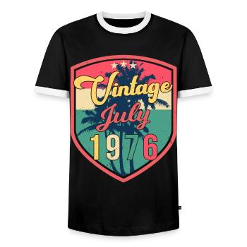 Born in July 1976 - Men's Ringer Shirt - black/white - Front - AI Model Female 172 light (172cm) & AI Model Male 178 light (178cm)